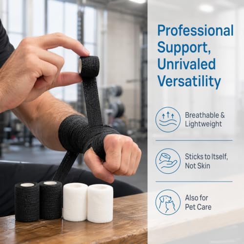 BESPORTBLE 12 Rolls Self Adhesive Elastic Bandages Wrap - Breathable Non-Woven Cohesive Bandage - 2 Inch Athletic Tape for Sports, Wrist, Ankle, Tattoo Grip Tape, Vet Wrap for Pets - Black White - color: Black White