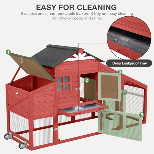 Chicken Coop with Wheels Wooden Outdoor Chicken House Easy Cleaning with Nesting Box, Deeper Leakproof Pull-Out Tray and UV Proof Panel Roof - Reinforced Version - Red