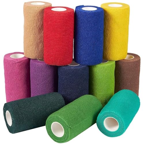 Juvale Cohesive Bandage Vet Wrap Rolls - Sprain & Strain Support Elastic Bandage & Vet Wrap for Dogs & Horses - Self-Adherent Dog Wound Care Tape - First Aid & Sports Tape - 12 Count, 4 in x 5 yd - size: 4 Inch x 5 Yards (12 Count)