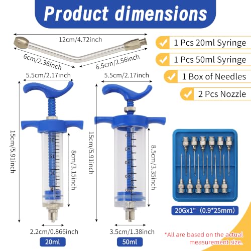 2 Pcs Goat Syringe Reusable Adjustable Goat Drench Syringe with 2 Drench Nozzle and Needles, Feeding Supplies for Cattle, Sheep, Goats, Horse, Pig, Dog (Blue, 20ML+50ML) - color: Blue, size: 20ML+50ML
