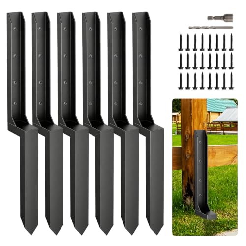 6 Pcs Fence Post Repair Kit,4×4/6x6 Fence Post Support,Heavy Duty Post Anchor Ground Spike with One-Piece Steel Anchor & Stakes for Repair Tilted, Broken Wood Fence Post - size: One-Piece