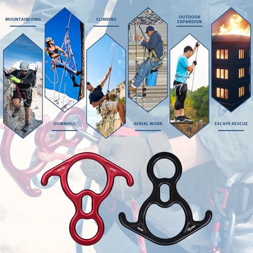 50KN Rescue Figure, 8 Descender Large Bent-Ear Belaying and Rappelling Gear Belay Device Climbing for Rock Climbing Peak Rescue 7075 Aluminum Alloy - color: Red