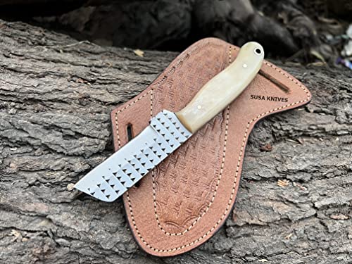 Custom Handmade 7'' fixed blade hoof rasp knife/Cow boy knife/Bull cutter Cowboy knives with pancake leather sheath - color: WHITE