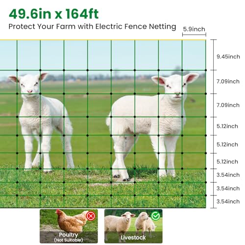 Electric Fence Netting, 49.6" H x 164'L Portable Livestock Nets for Cattle | Sheep, Goat, Hogs, Larger Animals, Electric Fencing with 14 Pre-Assembled Double-Spiked Posts for Backyards, Ranches, Farms