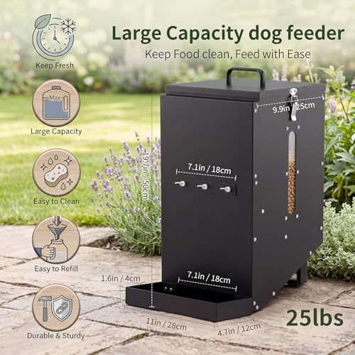 25 Lbs Hanging Automatic Dog Feeder for Large Dogs, Heavy Duty Metal Gravity Food Dispenser, Mounted Pet Cage Feeder for Breeds, Kennel, Outdoor Fence, Rabbit, Chicken, Ferret, Chinchilla