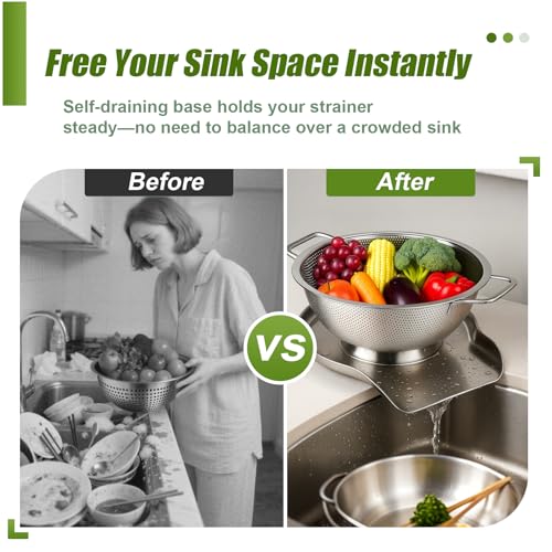 Palksky Colander and Strainer Self Drainer Base Plate Stainless Steel for Kitchen, Metal Countertop Draining Tray for Pasta Rice Noodle Fruit Veggie Food Strainer & Ceramic Colander - color: Strainer Self -Drainer Base Plate