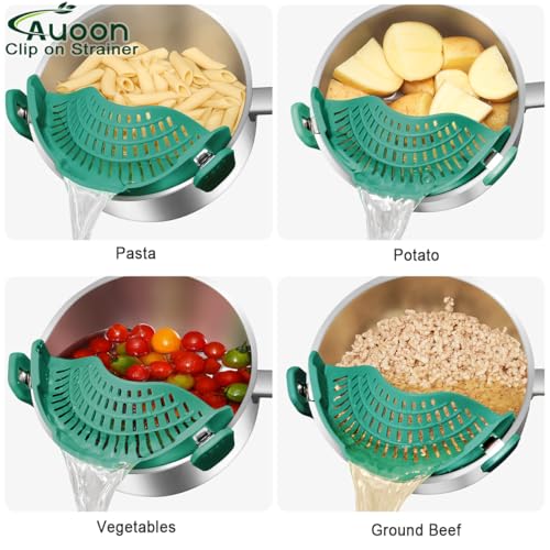 AUOON Pot Strainer Clip on Silicone, Large 10.45 x 4.33 in, Sea Blue | Fits Pots Pans Bowls, Dishwasher Safe, for Pasta Noodles Vegetable Fruits, Space-saving Kitchen Gadget - color: Sea Blue, size: Large 10.45 x 4.33 in