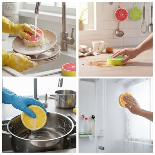 12 Pcs Lemon Printed Sponges Bulk Fruit Slices Dish Cleaning Sponges Household Non Scratch Reusable Absorbing Cleaning Scrub Tools for Washing Dishes, Cookware, Tubs, Sinks