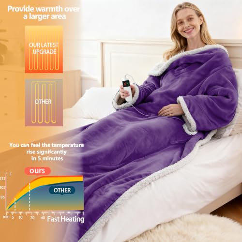 Wearable Heated Blanket With Sleeves & Foot Pocket, Heated Throw Blankets Fast Heating Blanket With 10 Heat Settings Auto Shut Off Over-Heat Protection-Warm Gift, Machine Washable, 52”*72”+18” - color: Purple
