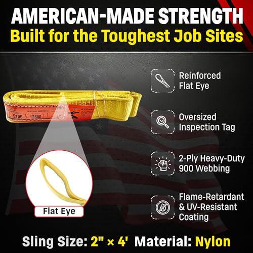 DD Sling 2 Inch x 4 Foot Nylon Lifting Sling – USA Made, 6,400 lb Vertical, 5,100 lb Choker, 12,800 lb Basket – 2-Ply Heavy Duty 900 Webbing, Type 3 Flat Eye & Eye Rigging Sling | 6,400 lb Vertical, 5,100 lb Choker, 12,800 lb Basket – 2-Ply Heavy Duty 900