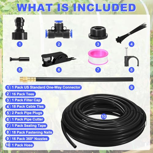 M METERXITY 1-Set Drip Irrigation System, 50Ft 5/16" Hose Garden Watering Misting System with 16pcs 360° Adjustable Copper Nozzles for Greenhouse/Yard/Lawns, Atomizing Watering Accessories - color: Black + Gold Tone, size: 50Ft 5/16"