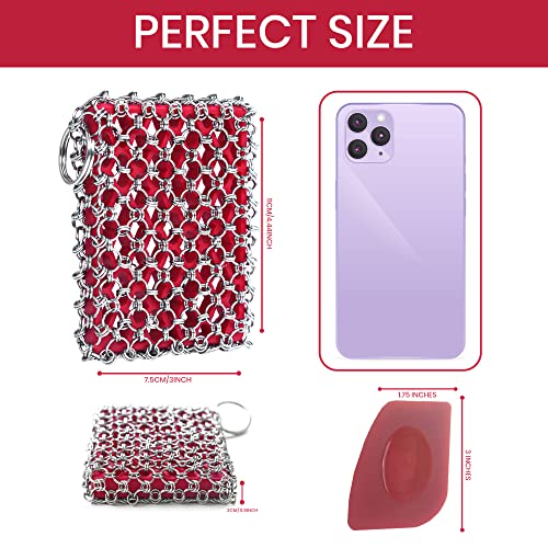 316L Cast Iron Scrubber Kit + Pan Scraper, Silicone Sponge, Dishwasher Safe | Cast Iron Chainmail Scrubber - Skillet Cleaner Scrubber - Cast Pan Scrubber Cleaner - Chainmail Chain Scrubber - style: Red CIS with Scraper