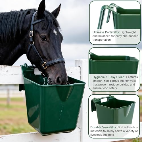 Horse Feed Bucket, 15 Quart Plastic Stall Hook Over, Green 4-Pack | Sturdy Hooks Secure to Gates or Fences, Versatile Bucket Suits Goats, Sheep, Livestock in Farms, Workshops, Yards