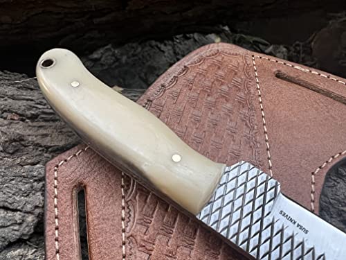 Custom Handmade 7'' fixed blade hoof rasp knife/Cow boy knife/Bull cutter Cowboy knives with pancake leather sheath - color: WHITE