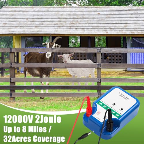 Electric Fence Kit, 8 Mile 12kV 2J Electric Fence Charger AC/DC Powered with 50 Insulators, Socket Tool, 250ft Aluminum Wire for Livestock Control(Classic Ver.,Blue) - style: Classic Ver
