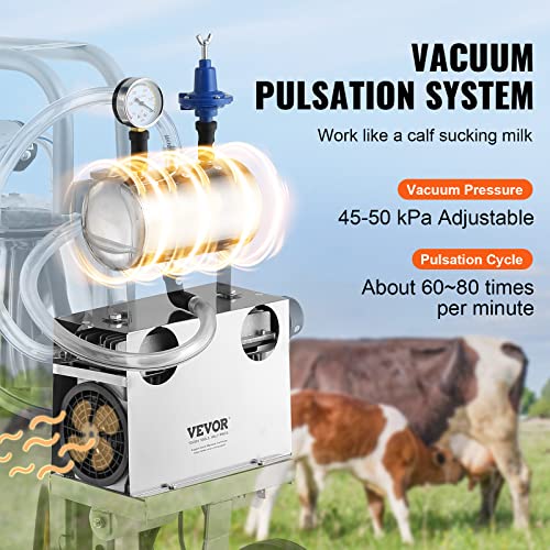 VEVOR Electric Cow Milking Machine 6.6 Gal/25 L Milker 304 Stainless Steel | Automatic Pulsation Vacuum, Portable Milker with Food-Grade Silicone Cups and Tubes, Adjustable Pressure - size: 25 L