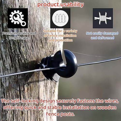 50 Pcs Black Electric Fence Insulator for Animal Husbandry Electronic | Screw-in Ring Design,1 Pcs Free Insulator Socket Tool, for Grid System Accessories Farm Livestock Wood Post Fencing