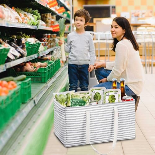 LHZK Standing Extra Large Utility Tote Bag with Metal Wire Frame and the Sides Rinforced, Extra Large Tote Bag with Handle, Reusable Grocery Bags Foldable, Beach Bag, Car Tote (Gray) | 22.5×10.5×12 inch - color: Gray, size: 22.5''x10.5''x12''-1 Pack