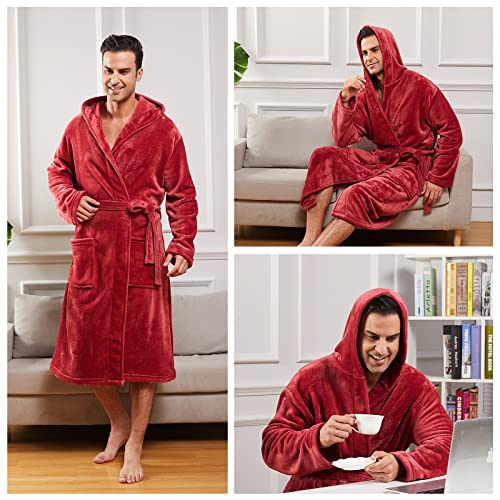 FashGudim Mens Hooded Robe Plush Shawl Collar Kimono Bathrobe Soft Warm Flannel Fleece Spa Robes House Coat Pajamas - color: Red, size: Small-Medium