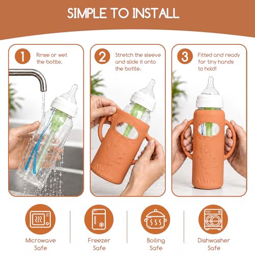 4 Pack Silicone Sleeves for Dr. Brown's Glass Baby Bottles -Drop Protection Easy-Grip Baby Bottle Sleeves Holder with Handles, Compatible with Dr. Brown's Newborn Glass Bottles 8 oz/250 mL - color: Blue 4 Pack 8OZ