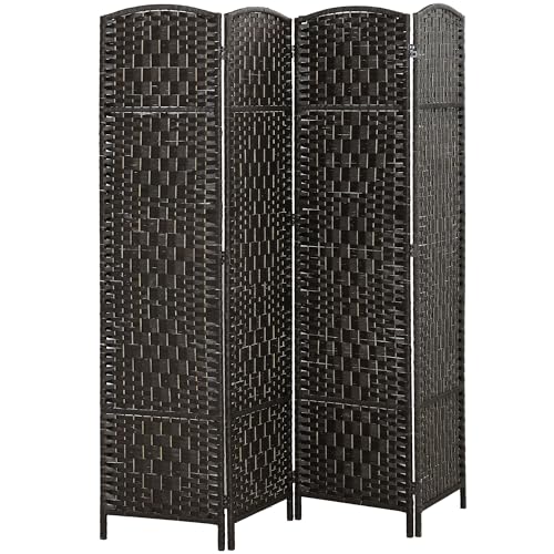 HOMCOM Room Divider 4-Panel, 6FT-Tall Folding Privacy Screen, Coffee | Freestanding Partition, Hand-Woven Design, for Room Separation, 360° Hinges, Paper Rope Diamond Weave - color: Coffee, size: 4 Panel