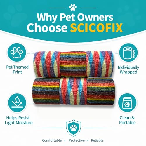 Dog Bandage Wrap, 6 Rolls 2" x 5 yd Stripe Print Pet Tape | Dog wrap bandage for paw & leg care, minor wounds, hotspots, broken nails, gauze pads & licking protection - color: RA-6ROLL-2IN