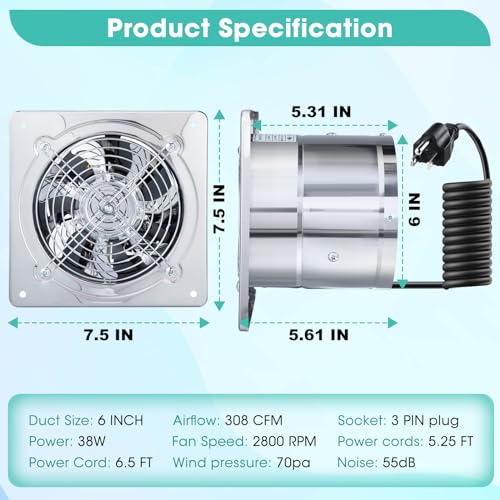 Saillong 2 Pack Silver 6 Inch Kitchen & Bathroom Wall Exhaust Fan - 308CFM Extractor Ventilation Fan with Damper & Low Noise Ceiling Mount for Garage Attic Window Ventilation, 110V