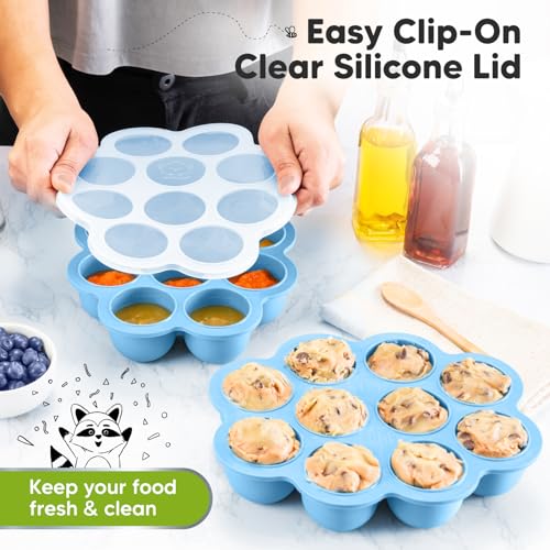 KeaBabies Silicone Food Freezer Trays with Lid, 2oz x 10 Pods (Misty Blue) | Baby Food Storage Containers, Easy Puree Meal Prep, Breast Milk Silicone Freezer Molds, Dishwasher, Microwave Safe, BPA-Free - color: Misty Blue