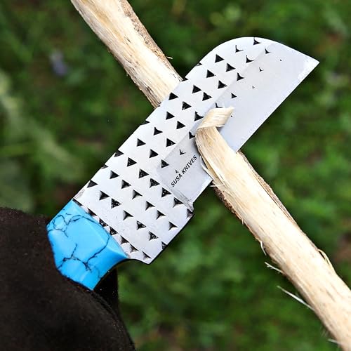 Custom Handmade 7'' fixed blade hoof rasp knife/Cow boy knife/Bull cutter Cowboy knives with pancake leather sheath (BLUE Turquoise) - color: BLUE Turquoise