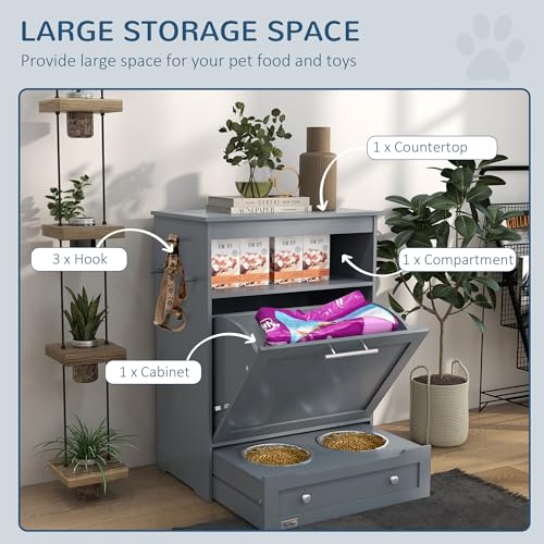 PawHut Dog Feeding Station with Raised Bowls, Pet Feeder Station, Gray | Dog Food Storage Cabinet, Hanger for Feeding & Watering Supplies - color: Gray