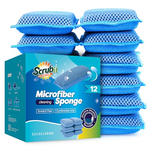 SCRUBIT Reusable Sponges for Dishes - 12 Pack Microfiber Sponges Kitchen Dish Scrubber, Machine Washable & Non-Scratch Scrubbers (Blue) - color: Blue
