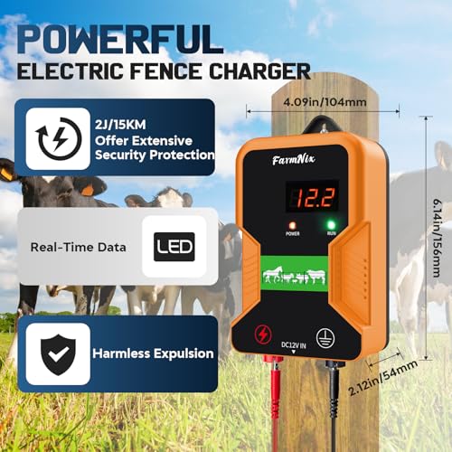 12 KV Electric Fence Charger with LED Display, 2 Joule, 10 Miles | Waterproof, AC DC, High Power, Portable for Livestock & Predator Protection, Gardens, Orchards, Dogs, Pets, Poultry