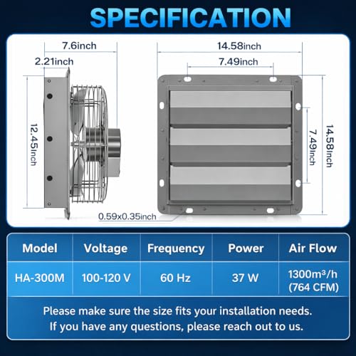 Hon&Guan 10 Inch Shutter Exhaust Fan with Stepless Speed Controller, 647 CFM High Airflow, 1600 RPM Wall Vent Fan, Automatic Gravity Shutters, Easy Install for Garage, Shed & Greenhouse, Gunmetal Gray - color: Gray, size: 10 Inch