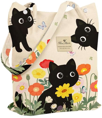Miss Adola Corduroy Tote Bag for Women with Aesthetic Design | Magnetic Buckle & Pocket, Reusable, Soft, Roomy, Long Shoulder Handles, Double-sided Print, Casual Daily Work, Grocery Bags - color: Three Cats, size: Large