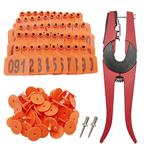 Cattle Ear Tags 001-100, 100Pcs Plastic Livestock Ear Tag for Cows Goats Sheep Pigs with Pliers Applicator & 2 Pins, Animal ID Tags for Ranch Farm Herd Tracking, Laser Print (001-100, Orange) - color: Orange