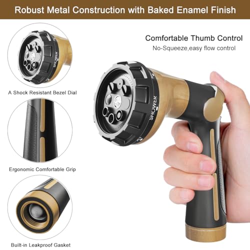 FANHAO Heavy Duty Garden Hose Nozzle, Metal Hose Sprayer Easy Thumb Control | 8 Spray Patterns, Rustproof Water Nozzle, Non-Slip Ergonomic Grip, Elder & Child Friendly for Garden, Car & Pet, Khaki - color: Khaki