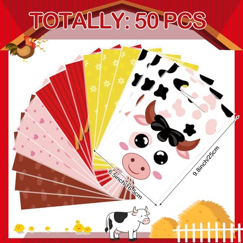 Resurhang 50 Pcs Farm Animal Favor Bags Bulk 6.5x9.8 Inch Plastic Farm Theme Goodie Treat Gift Bags Funny Candy Cookie Tote for Farmhouse Barnyard Birthday Decor Supplies Baby Shower Wrapping - style: Farm Animal