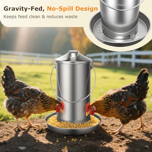 Chicken Feeder - 304 Stainless Steel 8.8 lb Rust-Proof No Waste Poultry Feeder for Outdoor Coops, Chickens, Ducks & Small Farms