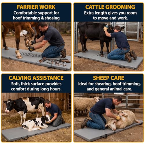 Breling Large Livestock Folding Fitting Mat 71” x 24”, 2” Thick Kneeling Pad with Carry Handle Portable, Gray Foldable Waterproof PU Leather Work Mat for Grooming, Farrier, Garage, Gardening & Outdoor