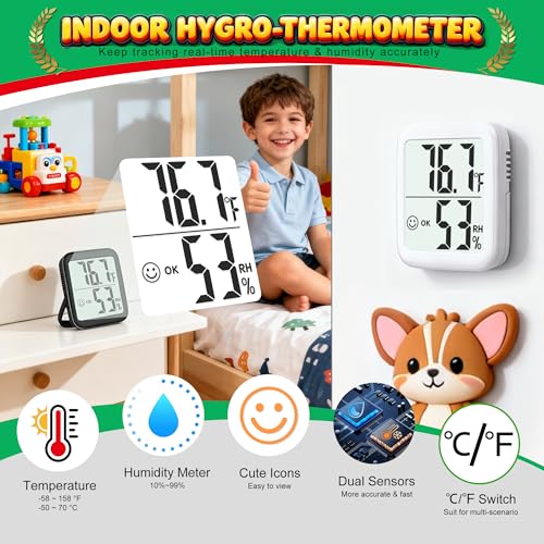 Antonki 2 Pack Room Thermometer Indoor Hygrometer | Monitor Temperature & Humidity, Accurate, Fast Read, Easy To View, Magnetic/Kickstand/Hanging, ℉/℃, w/ Battery, Compact - color: 2 Pcs* Black & White