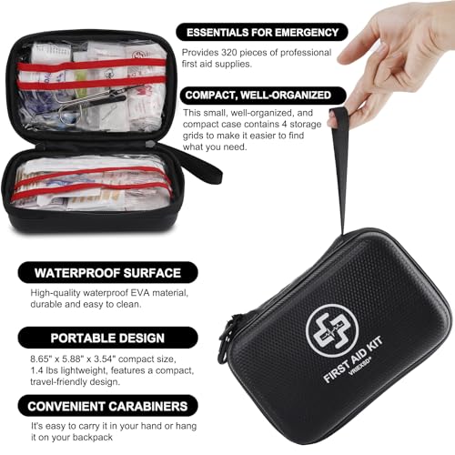 VRIEXSD Premium 320-Piece First Aid Kit, Waterproof EVA Hard Shell Case | Black Complete Emergency Medical Kit with Comprehensive Supplies for Home, Camping, Car, Hiking, Travel, Businesses & Outdoor - color: Black