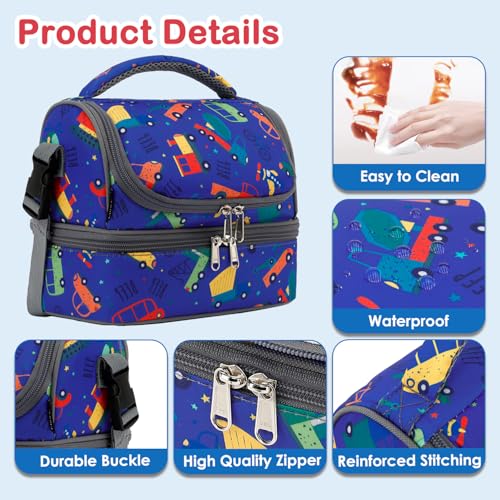 FlowFly Kids Double Decker Cooler Insulated Lunch Bag Large Tote for Boys, Girls, Men, Women, With Adjustable Strap, Car - color: Assorted/Multicolor