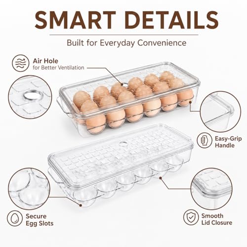 2 Pack 18 Egg Holder for Fridge - Plastic Stackable Egg Tray Holder With Lid - Egg Storage Container Organizer Bins with Air Hole and Handles for Refrigerator, Freezer, Pantry Organization - Clear