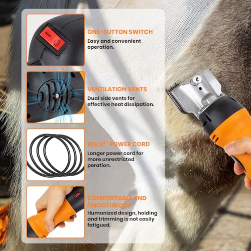 Horse Clippers Professional Electric horse Grooming Kit, Shaving Equine Clippers for Horses Goat Cattle Thick Coat Animals, 6 Speeds Large Heavy Duty Farm Livestock Haircut Trimmer （600W, 2 Blades）
