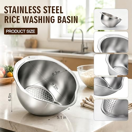 Palksky Rice Strainer & Rice Washing Bowl Stainless Steel - 5.6 Qt Professional Fine Mesh Rice Washer for Kitchen - Heavy Duty Rice Rinser, Cleaner & Drainer Colander for Quinoa, Grains & Fruit - color: 5.6 Qt Rice Strainer