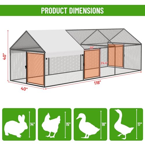 NUGRIART Metal Chicken Coop with Waterproof Cover, 118"x40"x40" Portable Poultry Cage, Outdoor Backyard Farm Hen House & Chicken Run for Chickens, Ducks, Rabbits and Small Pets - size: 118"L x 40"W x 40"H