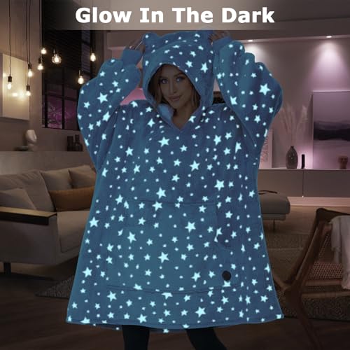 THREE POODLE Wearable Blanket Hoodie for Women, Oversized Sherpa Sweatshirt Blanket for Adults Men, Cozy Hooded Blankets, Glow In the Dark, Gifts for Teen Girls Women Mom Sister - color: Luminous Star, size: Adult