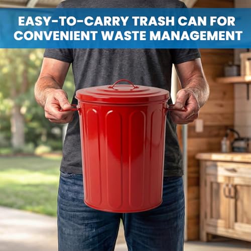 Plexon 5 Gallon Small Metal Trash Can with Lid Outdoor Galvanized Steel Bucket with Lid 5 Gal Storage Can for Dog Food Bird Seed Storage Container, Red - color: Red