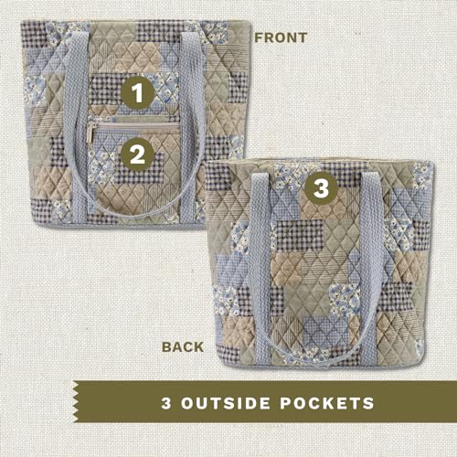 Bella Taylor Large Tote, Quilted Shoulder Bag for Women | Lightweight, 6-pocket large quilted purse, machine washable, zippered top, ultimate organization, durable construction - color: Khaki Patchwork