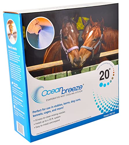 DIG PB750 Ocean Breeze® Evaporative Mist Outdoor Animal Cooling Kit with Beige 50' 3/8" Misting Line (.375 ID X .455 OD) & 10 Barbed Foggers - Cooling, Stables, Corrals and Barns